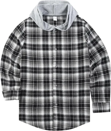 Vista 5 de HOOGRIN Camisas unisex de franela a cuadros para niño y niña, camisa de manga larga con capucha para niños de 5 a 12 años
