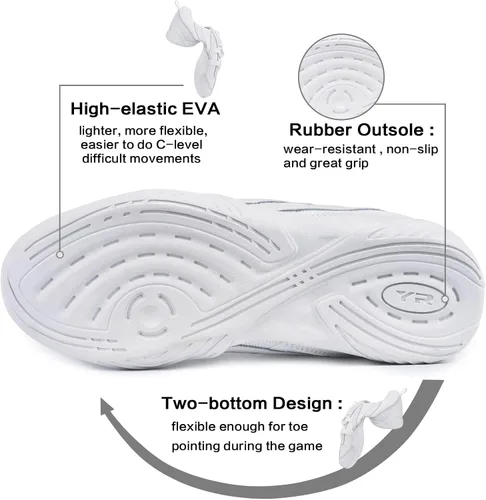 Vista 5 de CADIDL Zapatos de porrista para mujeres blancos, zapatos de baile atlético de porristas para niñas, zapatos planos de tenis para caminar, zapatillas