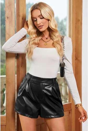 Vista 7 de luvamia Pantalones cortos de piel sintética para mujer, cintura alta, plisados, pierna ancha, elásticos, con bolsillos, pantalones cortos de piel