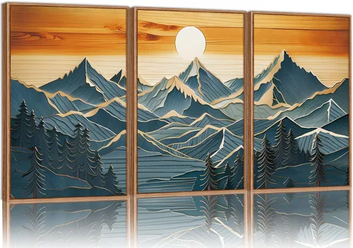 Vista 13 de Tinonedraw Arte de Pared en Lienzo Enmarcado de Paisaje de Montaña Beige, Decoración de Pared Moderna Abstracta de Mediados de Siglo, Arte de Lago
