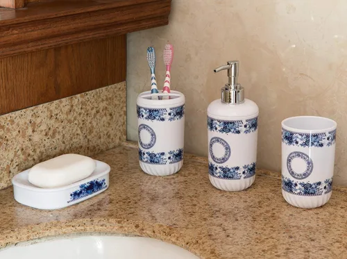 Vista 3 de Basicwise Juego de accesorios de baño de 4 piezas, incluye dispensador de jabón, soporte para cepillo de dientes, vaso y jabonera (blanco)