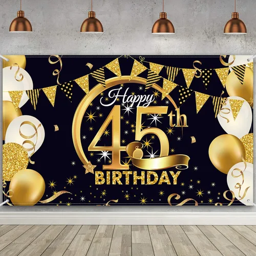 Vista 19 de Decoración de fiesta de cumpleaños número 15, cartel póster de tela extra grande negro y dorado para telón de fondo de cabina de fotos