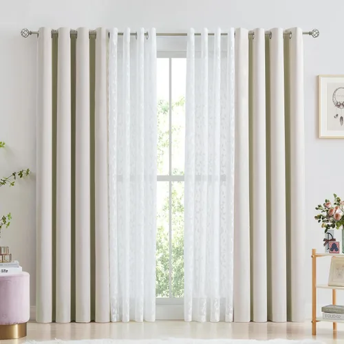 Vista 3 de Jubilantex Cortinas opacas completas + paneles de ventana transparentes con hojas, juego de tratamiento de ventana de doble capa estilo mezcla