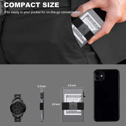 Vista 41 de Cartera delgada de aluminio para hombre, placa trasera expandible duradera, bloqueo RFID, billetera desplegable de metal minimalista, con capacidad