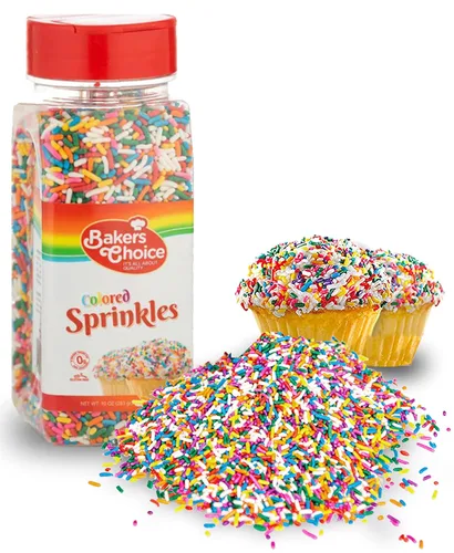 Vista 4 de Bakers Choice - Gránulos arcoíris para hornear, chispas Rainbow Jimmies para coberturas de helado, sin lácteos, Kosher de 10 onzas
