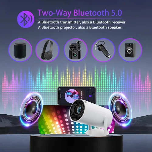 Vista 4 de Proyector HY300 con WIFI6 y Bluetooth, soporte 4K 1080P con Android TV 11.0, mini proyector portátil giratorio 180°, proyector de película auto