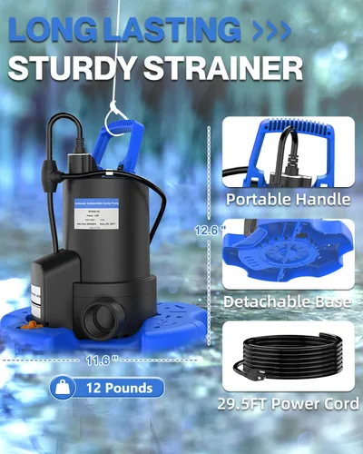 Vista 6 de Bomba automática de cubierta de piscina, bomba de agua sumergible de 1 HP 5000 GPH con válvula de retención y 3 adaptadores, cable de 29.5 pies