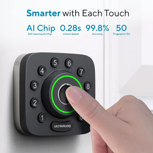 Vista 2 de ULTRALOQ U-Bolt Pro WiFi - Cerradura inteligente con manija, juego de cerradura de puerta sin llave con huella digital y palanca, cerradura
