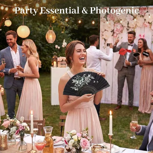 Vista 2 de JOHOUSE Abanico de mano plegable de tela negra con borla y funda – Elegante abanico plegable de mano para mujeres, abanicos de boda para invitados