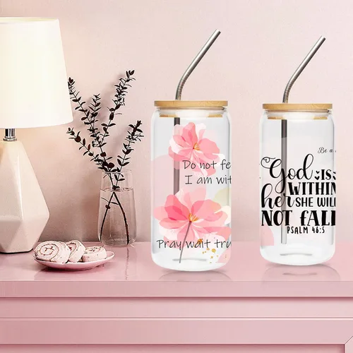 Vista 2 de Adhesivo UV DTF para tazas, 4 hojas de transferencia de flores de la Biblia UV DTF para vidrio de 16 onzas, floral, citas inspiradoras, versículo