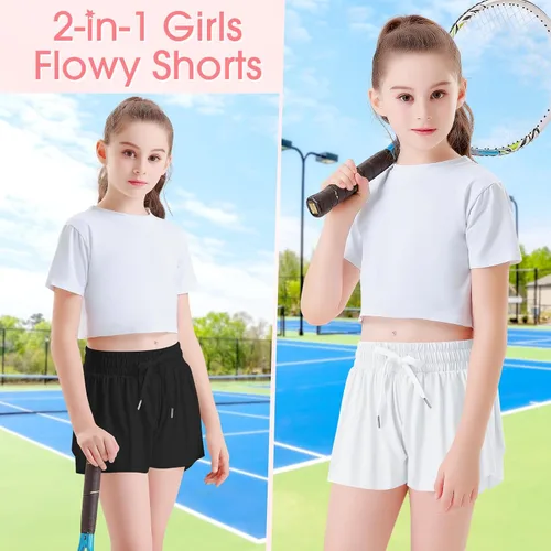 Vista 3 de QooNoo Girls Butterfly Shorts with Pocket Flowy Athletic Shorts High Waist Preppy Running Shorts for Kids Teen