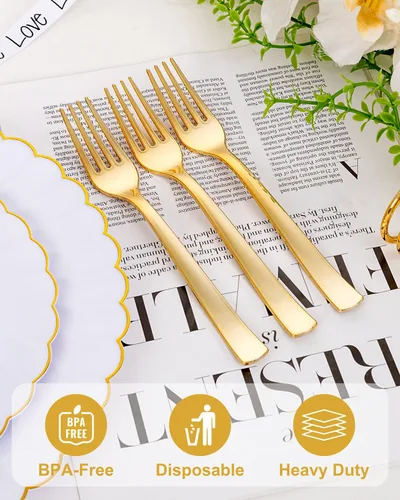 Vista 9 de YOUBET 50 tenedores de plástico dorado – Tenedores de plástico resistentes – cubiertos desechables dorados sólidos y duraderos para fiestas, picnic