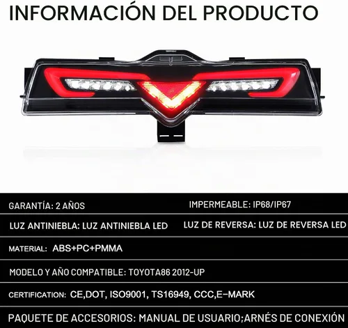Vista 4 de VLAND Conjunto de luces traseras para Toyota GT86 2012-2020, BRZ 2013-2018, FRS 2012-2016 con señal de giro, luz LED DRL, enchufar y usar