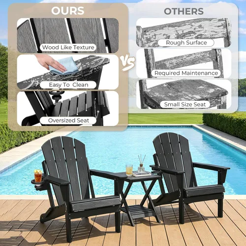 Vista 6 de Silla Adirondack plegable de HDPE, silla de patio al aire libre con soporte para tazas, silla de césped de grano de madera resistente a