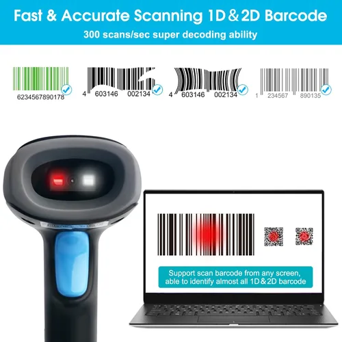 Vista 3 de Sumicor Escáner de código de barras inalámbrico Bluetooth con soporte, escaneo automático de manos libres y disparador manual, pistola de escáner