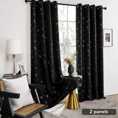 Vista 3 de Deconovo - Cortinas blackout con patrón de constelación, estampado metálico, ojales y bloqueo de luz para ventana de sala, 2 paneles