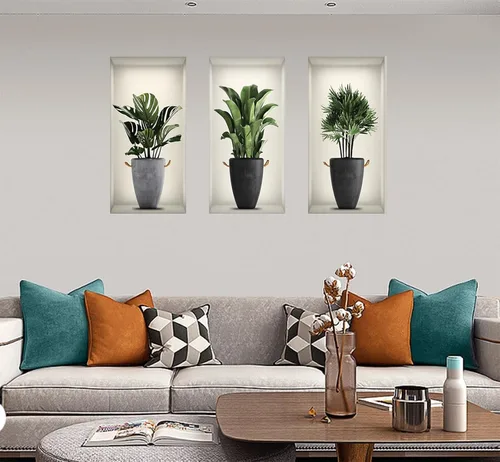 Vista 7 de Calcomanías de pared de plantas verdes 3D, calcomanías de pared en macetas tropicales, vinilo creativo para despegar y pegar, decoración de pared