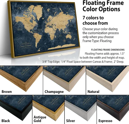 Vista 6 de HolyCowCanvas Mapa Mundial de Viajes Dorado y Azul Marino con Alfileres, Tablero de Mapa Mundial Personalizado con Alfileres para Rastrear Lugares