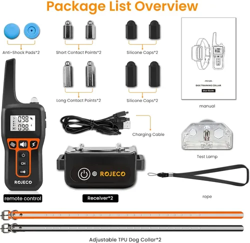 Vista 7 de ROJECO Collar de choque para perros para 2 perros con control remoto de 3300 pies, IPX7 impermeable, collar de choque recargable para perros