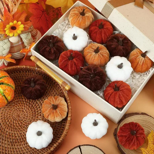 Vista 6 de 16 PCS Fall Autumn Artificial Velvet Pumpkins Mini Faux Pumpkins