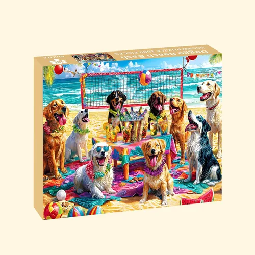 Vista 2 de Rompecabezas para adultos de 1000 piezas, rompecabezas de perro de 1000 piezas – Doggo Beach Bash, rompecabezas de decoración de fiesta
