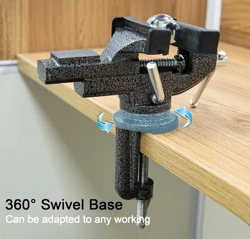 Vista 5 de Tornillo de mesa universal de 3 pulgadas, tornillo de banco portátil con abrazadera, base giratoria de 360°, herramienta fija para carpintería