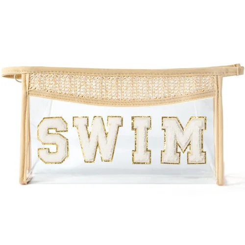 Vista 11 de Bolsa de cosméticos con parches bohemios, bolsa de maquillaje para verano, playa, piscina, neceser de maquillaje, beige, transparente, impermeable