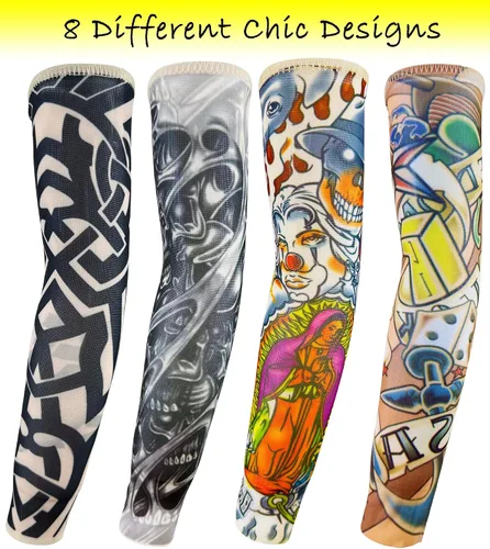 Vista 4 de Mangas de brazo de tatuaje falso a granel, 8 piezas de protección solar temporal para niños pequeños y grandes