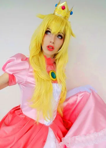 Vista 7 de Xcoser Super Mario - Peluca de princesa melocotón de 31.5in de largo, ondulada, color amarillo