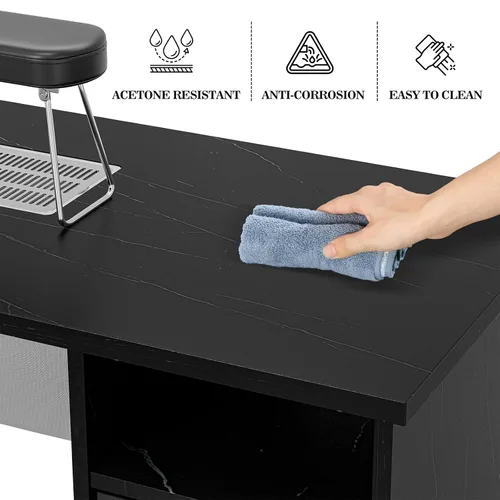 Vista 8 de Estación de manicura para uñas con estación de carga, textura marmoleada, estación de mesa de uñas con colector de polvo, tomas de corriente