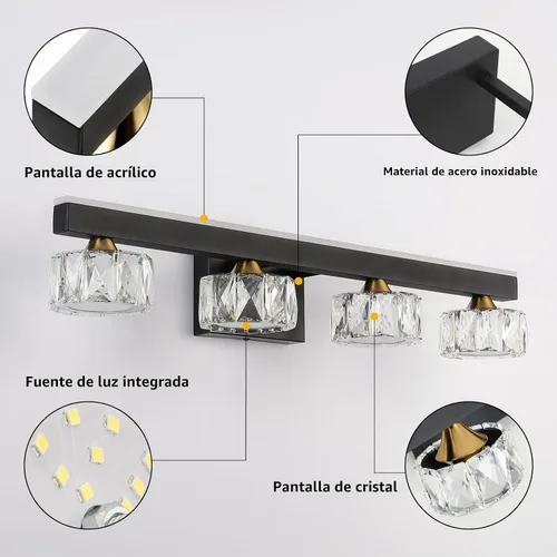 Vista 5 de Lámparas de tocador de baño de cristal negro sobre espejo para iluminación de baño (4 luces)