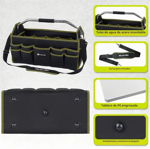 Vista 5 de Bolsas de herramientas plegables de boca abierta de 20 pulgadas para hombres de servicio pesado, portaherramientas rígido con asa, bolsa