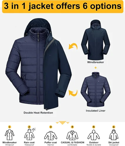 Vista 5 de 33,000ft Chaqueta de esquí impermeable 3 en 1 para hombre, chaqueta de esquí cálida de montaña, chaqueta de lluvia para nieve, abrigo de invierno