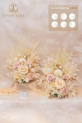 Vista 9 de TINGE TIME Juego de 2 flores artificiales de pie, centro de mesa con almohadilla de goma, flor falsa de seda para centro de mesa de boda, arco