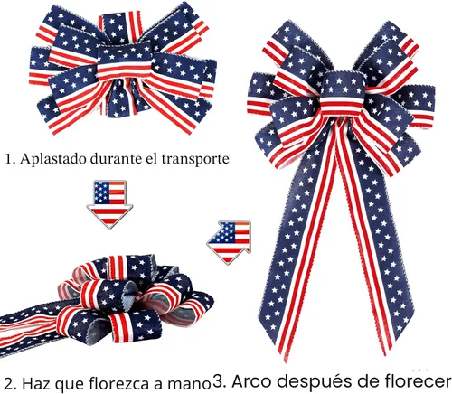 Vista 4 de Paquete de 2 lazos decorativos para corona del 4 de julio, lazos para decoración de árbol patriótico, Día de la Independencia, Día de los Caídos