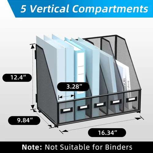 Vista 2 de SUPEASY Organizador de escritorio de metal para revistas, con 5 compartimentos verticales, organizador de archivos para escritorio de oficina, Negro