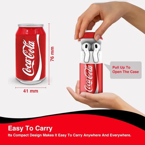 Vista 5 de Auriculares inalámbricos con forma de lata de Coca-Cola – Auriculares Bluetooth 5.0 con micrófono incorporado, compatibilidad con asistente de voz
