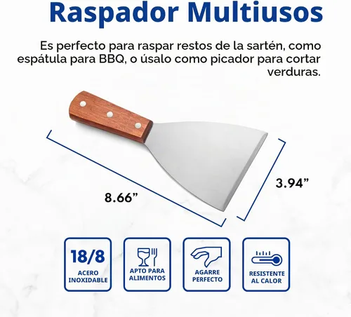Vista 7 de New Star Foodservice 38309 Rascadores de parrilla de borde inclinado con mango de madera, 4 x 8.5 pulgadas