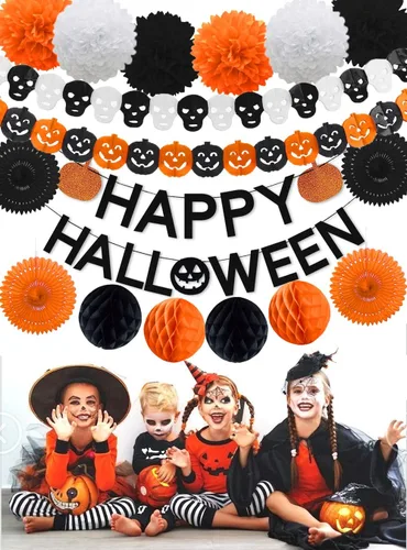 Vista 6 de Decoraciones de fiesta de Halloween, pancarta de calabaza naranja con purpurina negra todo en uno para fiesta temática de Halloween, kit