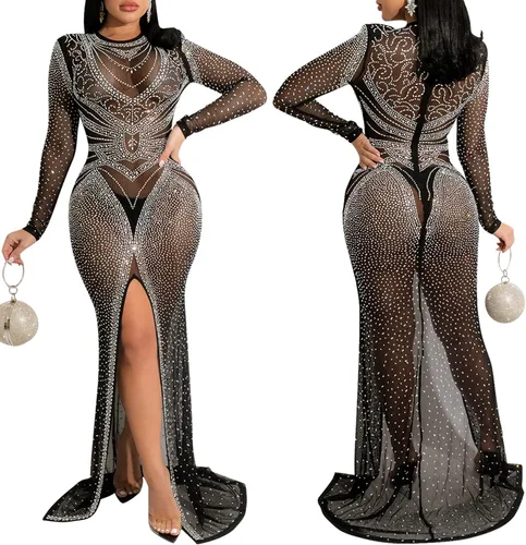 Vista 3 de PORRCEY Vestido de noche brillante de manga larga con diamantes de imitación para mujer, sexy, elegante, para club nocturno