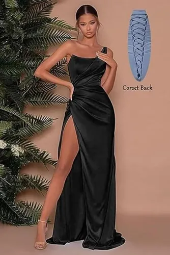 Vista 3 de 2023 Vestidos de fiesta de sirena de un hombro para mujer con abertura larga de satén fruncido sexy formal vestidos de fiesta de noche.