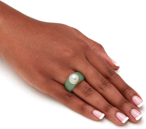 Vista 4 de Anillo redondo de oro amarillo de 10 quilates con perlas cultivadas de agua dulce (0.433 in) y jade verde