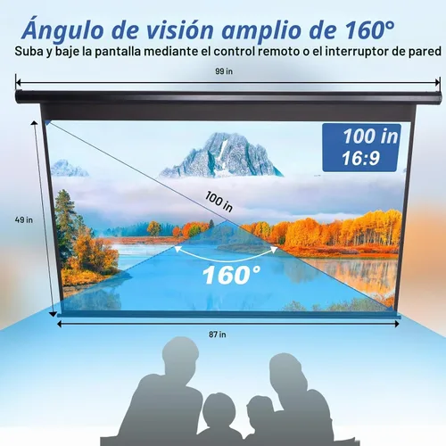 Vista 7 de Pantalla de proyector motorizada desplegable de 100 pulgadas 16:9 HD, pantalla de proyector automática con control remoto, pantalla de proyección