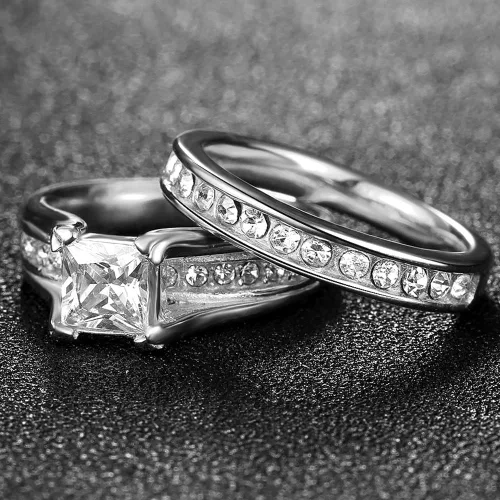 Vista 6 de Anillo de acero inoxidable de corte princesa, anillo de boda, compromiso, aniversario, propuesta, eternidad, halo