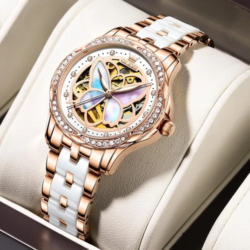 Vista 7 de OLEVS Reloj automático para mujer, reloj de cerámica de acero inoxidable Mariposa / Colorido