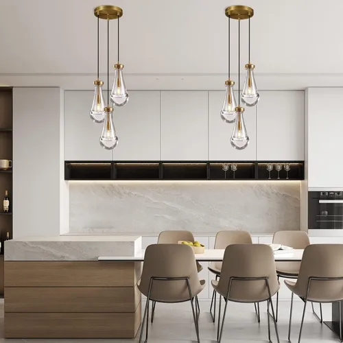 Vista 9 de Lámpara colgante de latón de 3 luces para isla de cocina, lámpara colgante de racimo de lluvia, lámpara de techo de cristal con cuerda ajustable