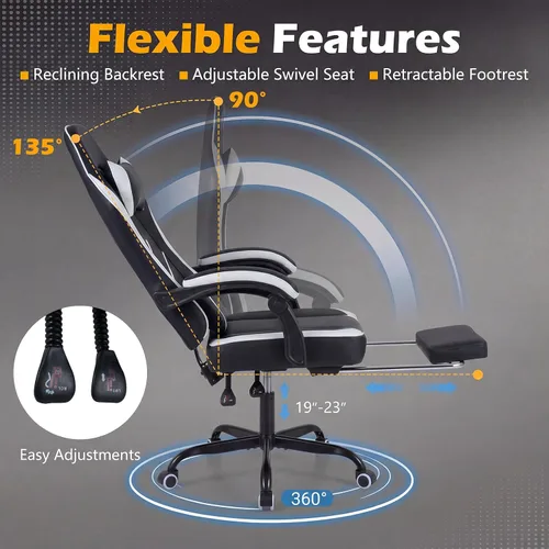 Vista 5 de GIANTEX Gaming Chair, Height Adjustable Computer Desk Chair with Headrest, Lumbar Support, Linkage Armrests, Reclining Backrest & Footrest Negro
