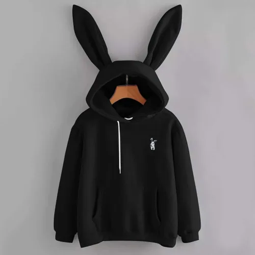 Vista 2 de Suéter con capucha de conejo Grils para mujer, de manga larga, con orejas de conejo (negro, M), Negro