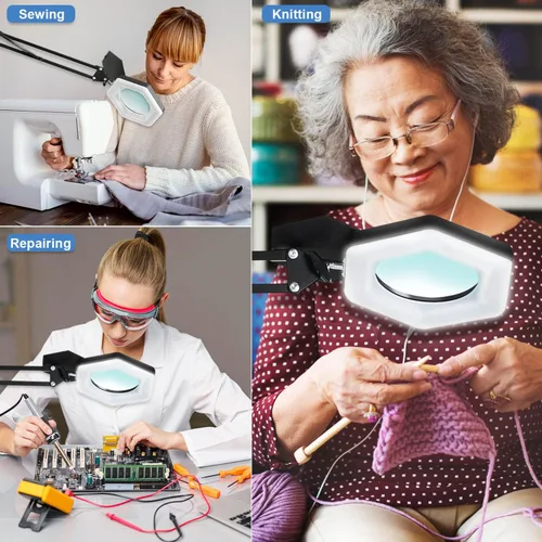 Vista 7 de Lupa con luz y soporte, lámpara de escritorio con lupa LED regulable con abrazadera, 3 modos de color, luces de aumento manos libres para trabajo