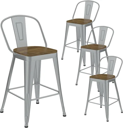 Vista 14 de Juego de 4 taburetes de bar de metal, taburetes de bar con respaldo alto con asiento de madera, taburetes de bar negros de 24 pulgadas para isla